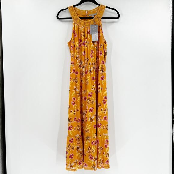NWT Danielrainn Women's Yellow Floral‎ High Neck Sleeveless Blouson Midi Dress M - Picture 1 of 4